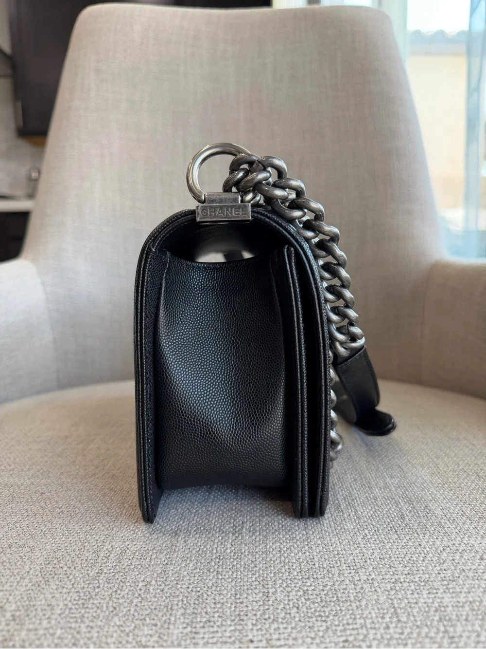 CHANEL Black Quilted Boy Shoulder Bag with Gunmetal Hardware